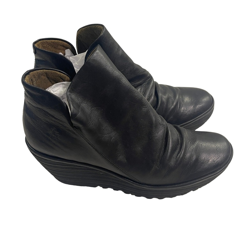 Fly London Yule Black Leather Ruched Wedge Ankle Boots Womens 41 P500505008